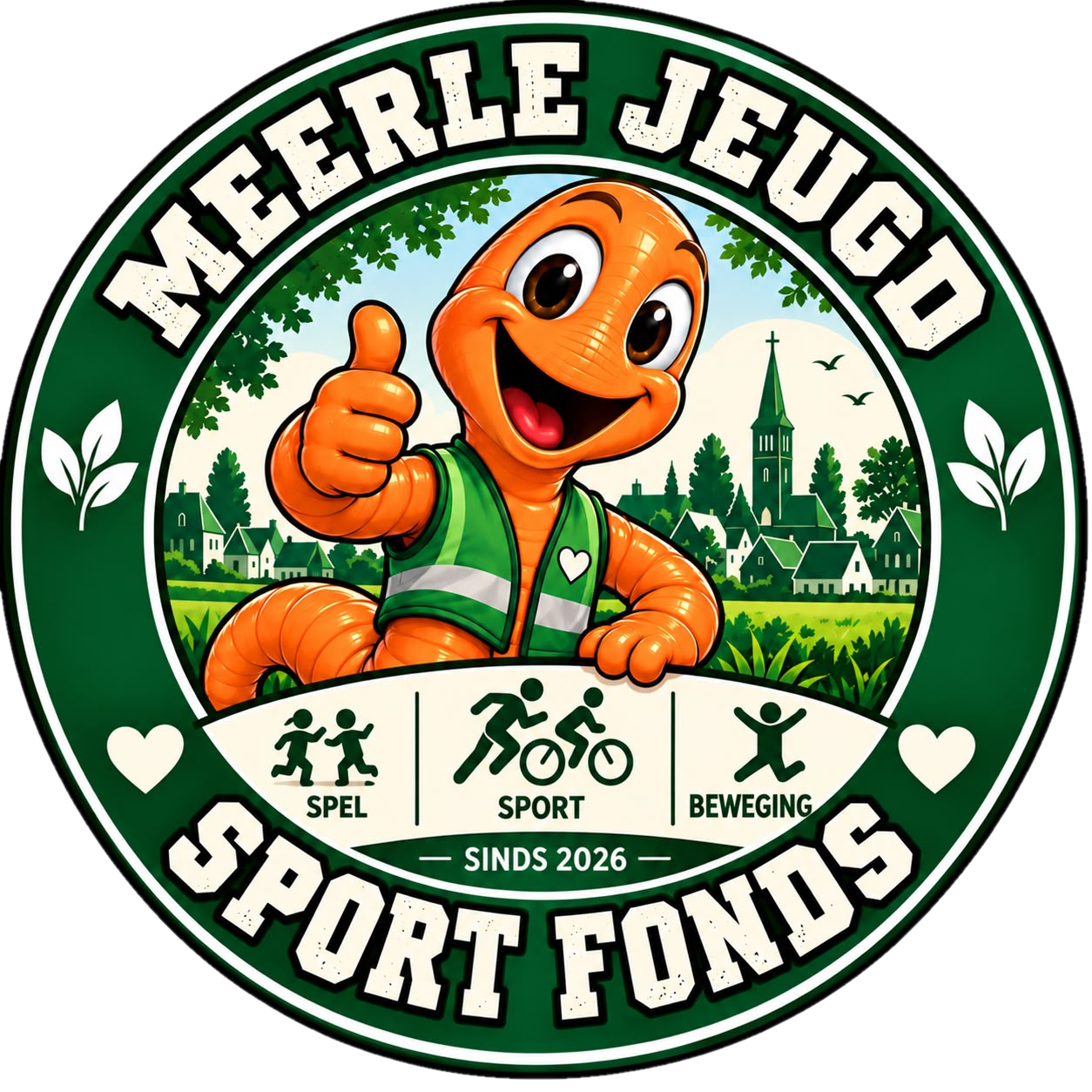 Logo Meerle Jeugd Sportfonds met oranje mascotte